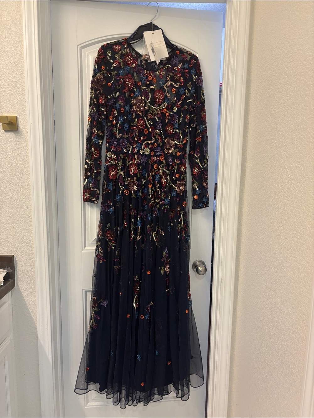 Mac Duggal Navy Long-Sleeve Embroidered Floral Maxi Dress